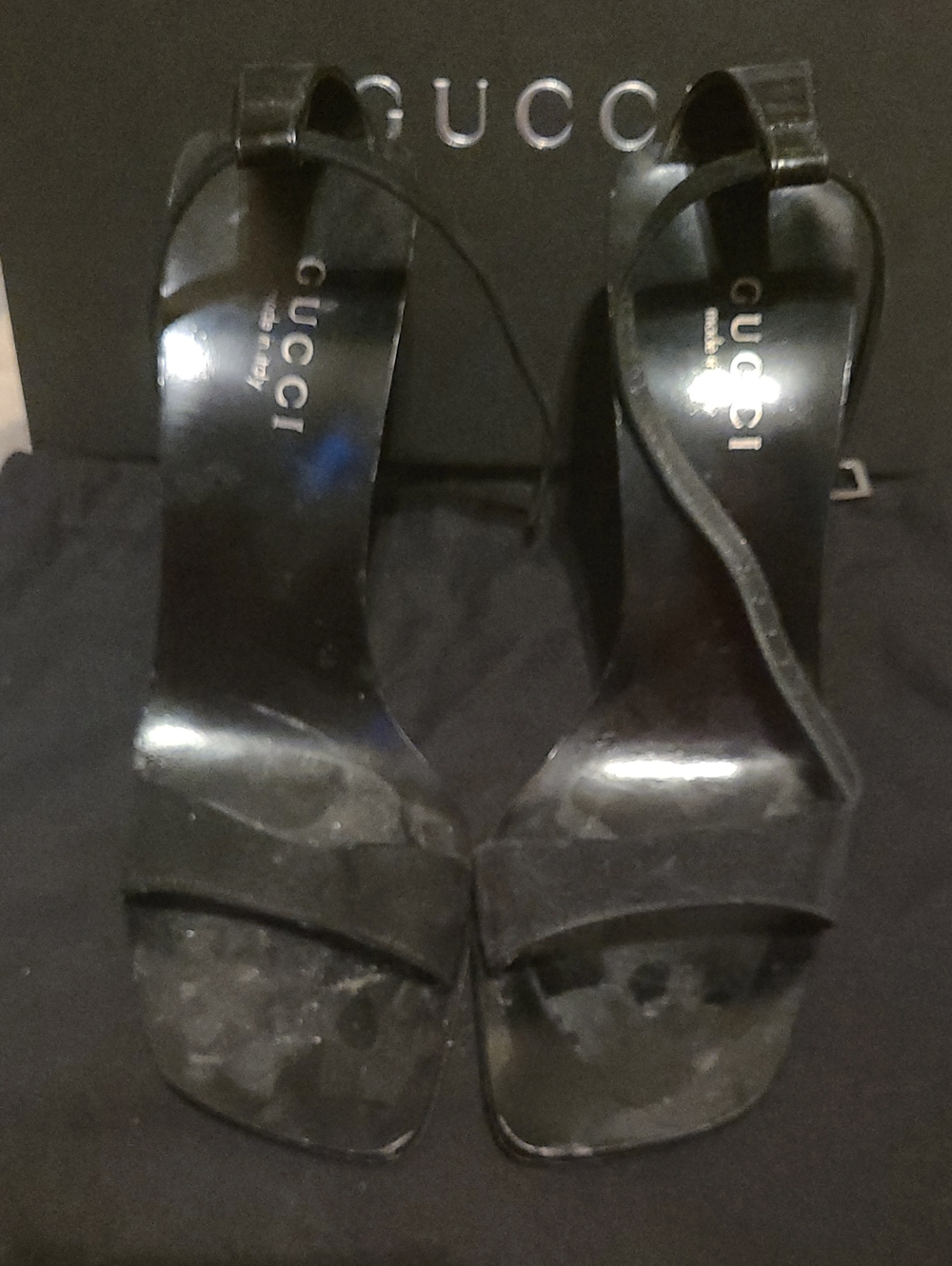 Gucci Black Patent Leather Strappy Heels